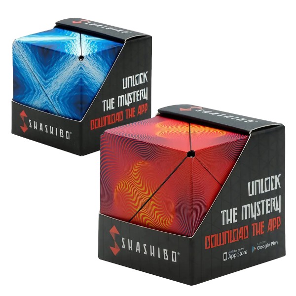 Shashibo Cube mit Anleitung in Rot und Blau (Formwandler aus Tetraedern)