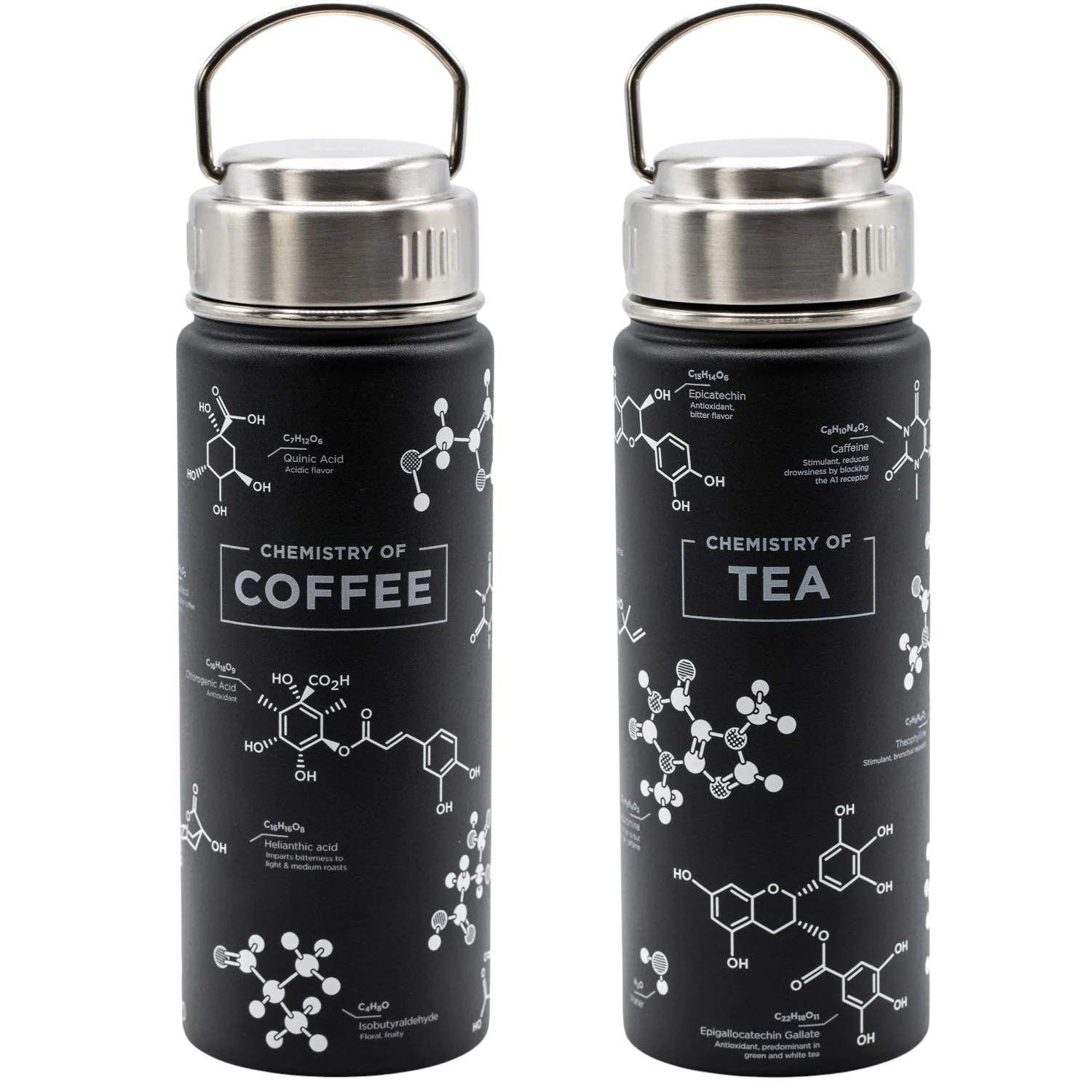 Edelstahl Trinkflasche mit Bedruckung chemische Formeln Tee + Kaffee
