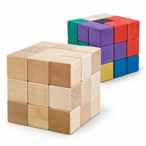 Soma-Würfel aus Holz - Würfelpuzzle farbig + natur - 6 x 6 x 6 cm